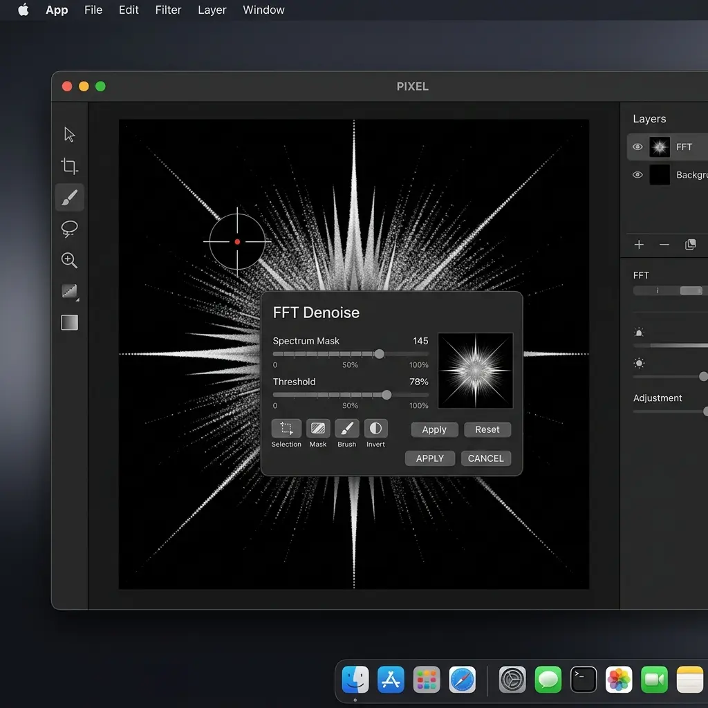 Affinity Photo FFT Denoise filter interface showing frequency domain view with moire pattern bright spots